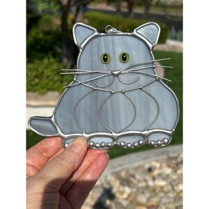 Gray Stained Glass Cat Suncatcher with Green Eyes & Wire Whiskers Chubby Kitty